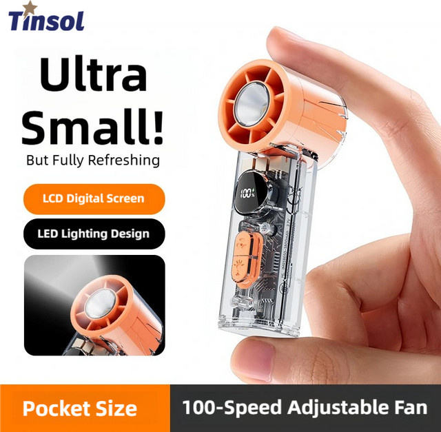 TINSOL Mini-Handventilator Transparent Orange mit LED-Beleuchtung, 100 Geschwindigkeitsstufen und USB-wiederaufladbarem Akku - Bild 1