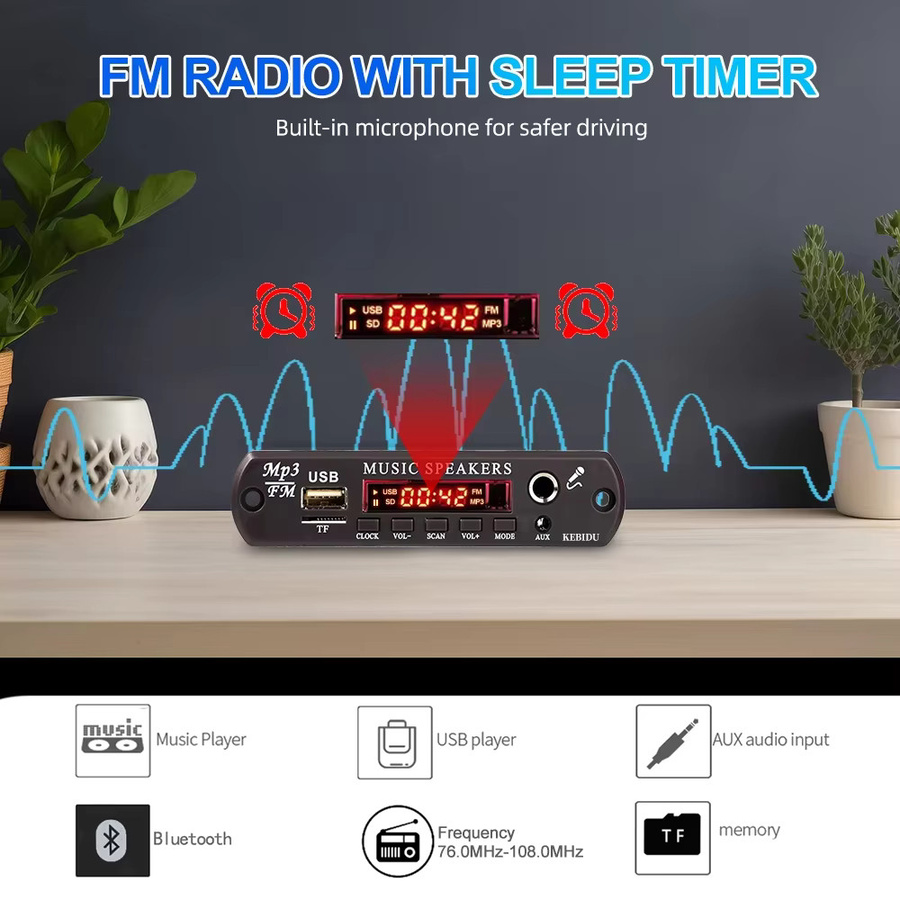 KEBIDU 60W Bluetooth 5.3 MP3 Decoder Board mit FM-Radio und Mikrofonanschluss in Schwarz - Bild 3