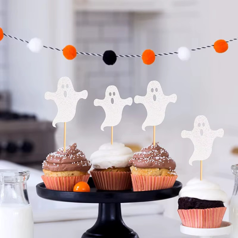 12 Stück VRISE Halloween White Ghost Cupcake Topper aus Papier für Party und Babyparty Dekoration in Weiß - Bild 2