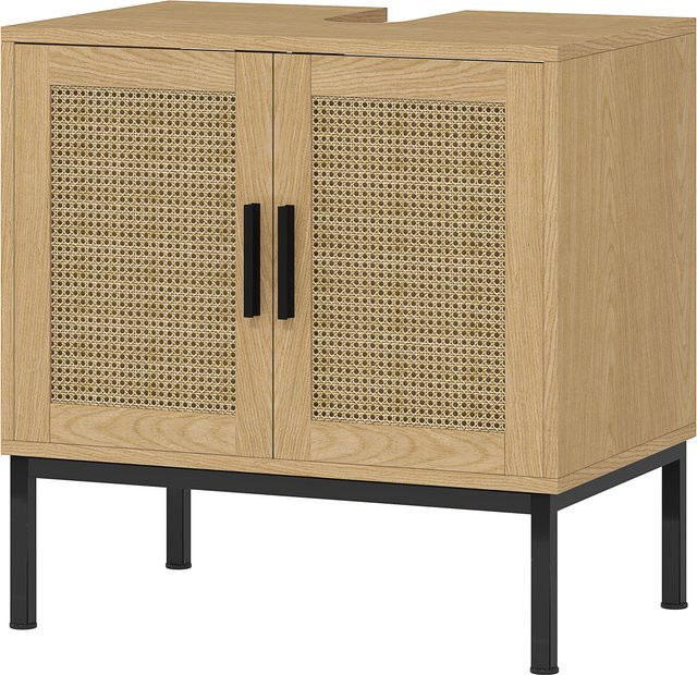 kleankin Waschbeckenunterschrank mit Rattanoptik in Eiche, Badunterschrank mit Schrankfach und Kippschutz, B/T/H: 60 x 39 x 60 cm - Bild 1