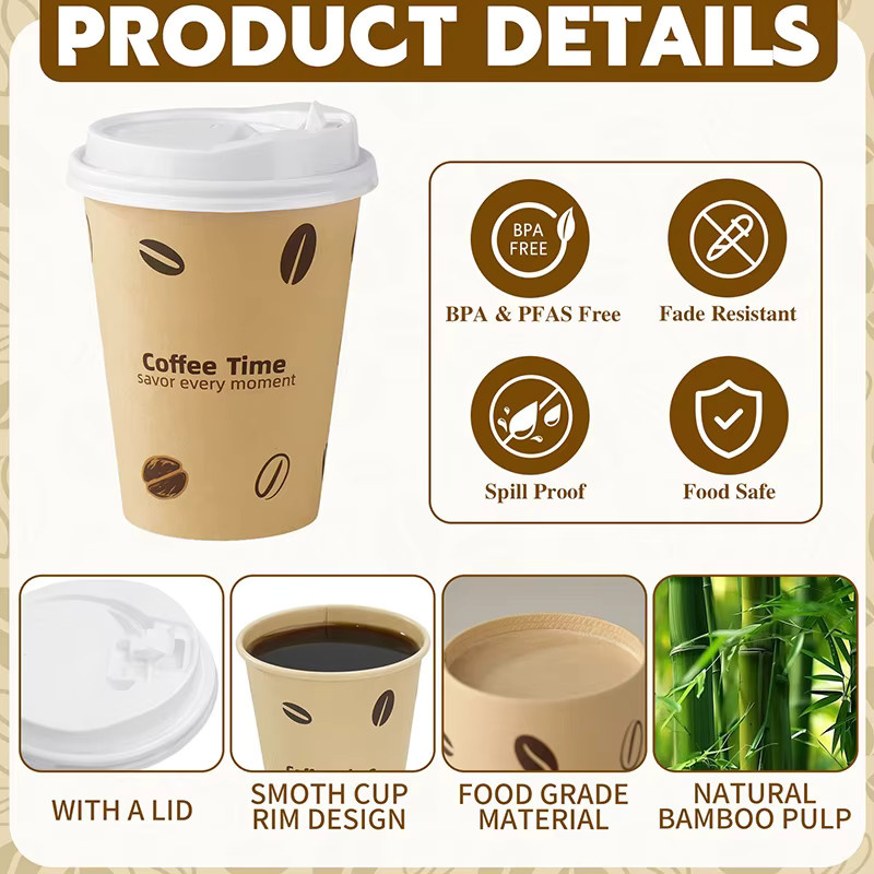 Einweg-Kaffeebecher aus Papier mit Deckel von Easy Time, 12oz, aus Bambuszellstoff, beige, für heiße und kalte Getränke - Bild 5