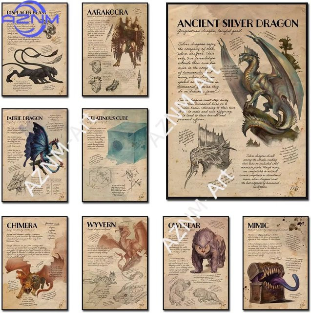Herocross Vintage Wandgemälde Kobold-Wyvern-Monster als Leinwand-Poster im Dungeons And Dragons Stil, Mehrfarbig - Bild 1