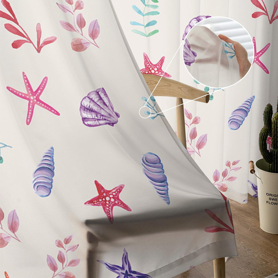 Transparente Voile-Gardine mit Blumen, Laub, Gradienten, Muscheln und Seesternen von Binchi Outdoor Equipment, B: 135 cm, H: 114 cm - Bild 2