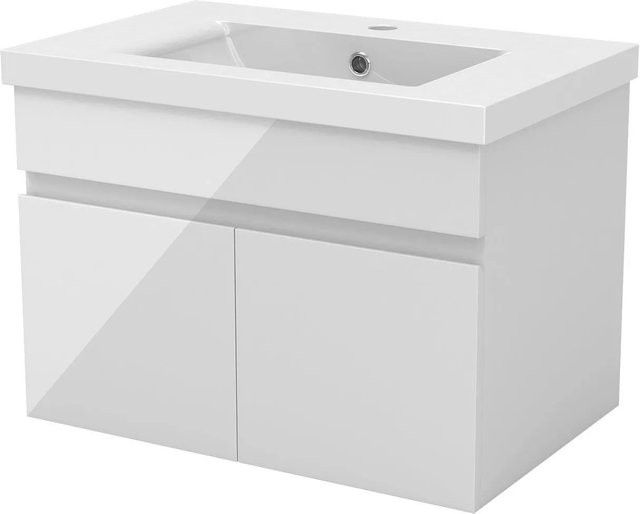 AICA Badmöbel BERGEN 2-teiliges Badezimmerset mit Keramik Waschtisch und Unterschrank in Weiß Hochglanz, Wandmontage, Softclose-Türen - Bild 1