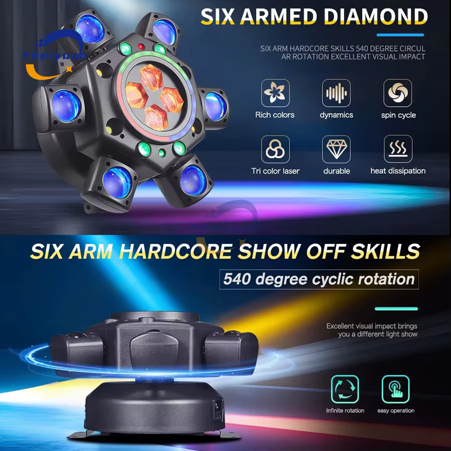 Ybeiyuan 150 W RGBW 4-in-1 LED Moving Head Bee Eye Effektlicht mit 6 Armen, DMX512 und Fernbedienung, Schwarz/Mehrfarbig - Bild 3