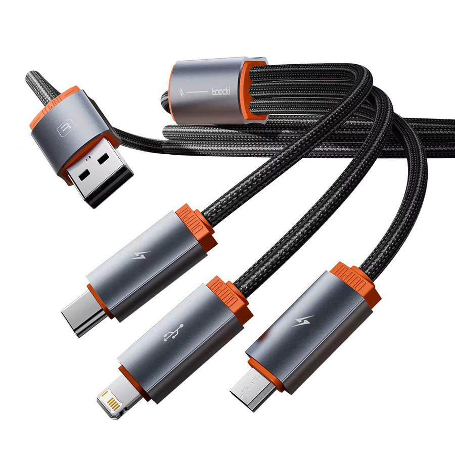 Toocki 3-in-1 USB-Multikabel mit USB-A auf USB-C und Lightning für schnelles Laden, Orange - Bild 6