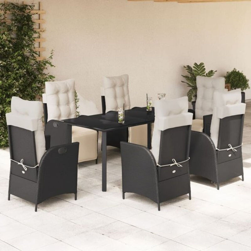 7-teilige moderne Garten-Essgruppe aus Poly-Rattan und Metall mit Glasplatte und Kissen in Schwarz von vidaxl - Bild 1