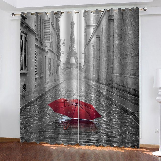 A Family Of Home Textiles Paris Ölgemälde Design Vorhänge mit Brücke und Turm, 2er-Set, halbtransparent, Mehrfarbig, B: 50 cm, H: 130 cm - Bild 1