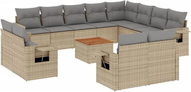 vidaXL 13-tlg. Garten-Sofagarnitur in L-Form aus Polyrattan mit Kissen und Couchtisch, Beige - Bild 1
