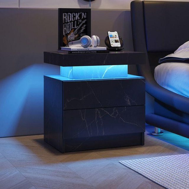 Modernes LED Nachttisch MUVOE mit 2 Schubladen und mehrfarbiger Beleuchtung in Schwarz Gold - Bild 1