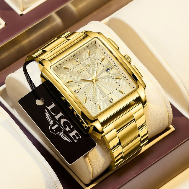 LIGE Armbanduhr Chronograph, Quarz, Edelstahl, Gold, eckig, Herren - Bild 1
