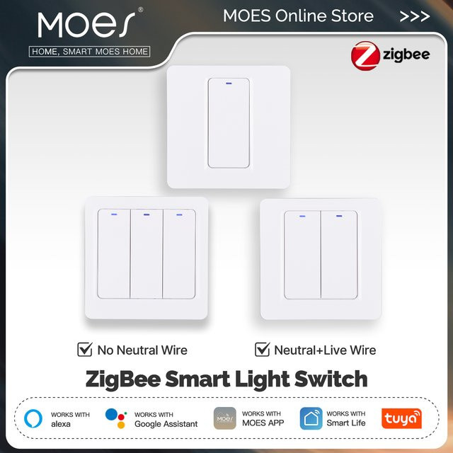 MOES ZigBee Smart Lichtschalter mit Tuya App- und Sprachsteuerung, weiß, magnetisches Relais, kompatibel mit Alexa und Google Home, optional mit Neutralleiter - Bild 1