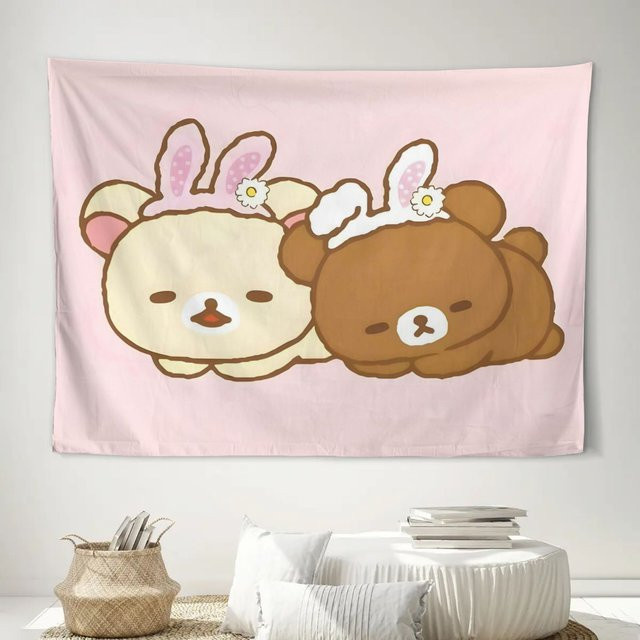 VIKAMA Wandteppich mit Cartoon-Motiv von zwei Bären in Pink, Textil-Wanddekoration für Kinderzimmer und Wohnzimmer - Bild 1