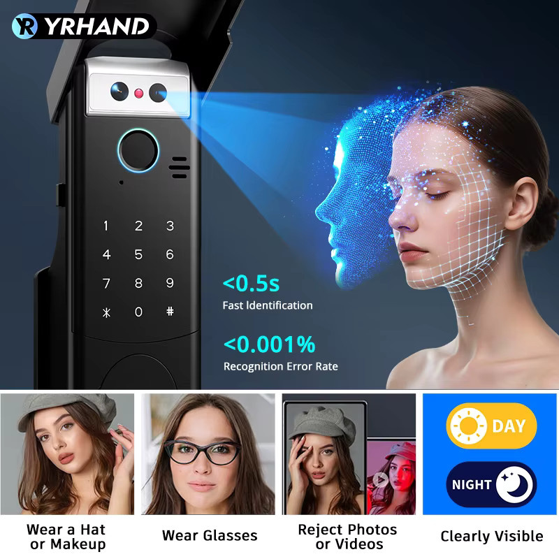 Tuya Smartlock mit 3D-Gesichtserkennung und Fingerabdruck, WiFi APP Steuerung, wasserdichtes digitales RFID Türschloss für Eisen-Tore und Haustüren, Farbe: Schwarz - Bild 3