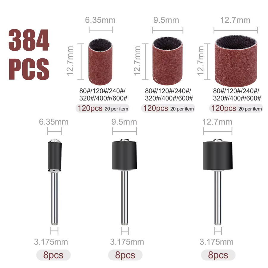 XCAN 384-teiliges Schleiftrommel-Set mit Schleifbändern und Dorn für Dremel-Rotationswerkzeuge, Körnung 80/120/240/320/400/600, Farbe: Braun - Bild 5