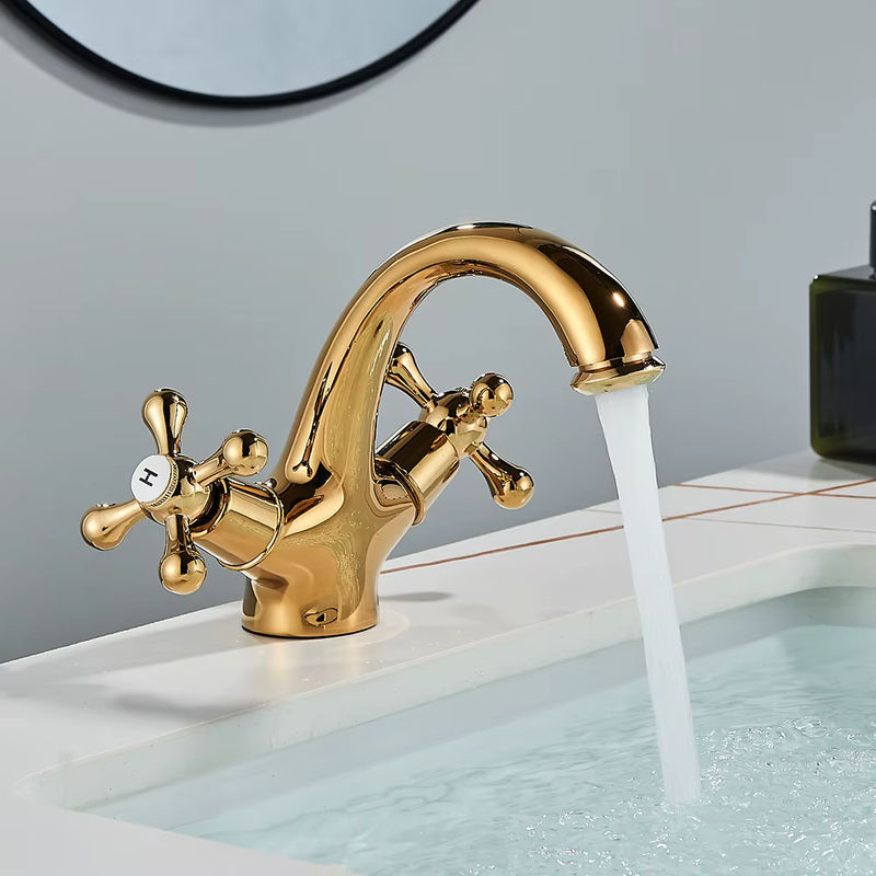 POIQIHY Antiker Badezimmer-Wasserhahn in Chrom, deckenmontierter Waschbecken-Mischer mit zwei Griffen für heißes und kaltes Wasser, Farbe: Silber - Bild 2