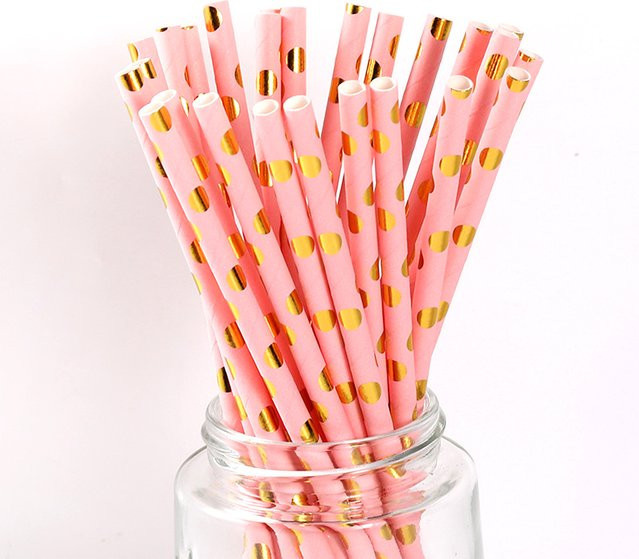 WEIGAO Einweg-Papierstrohhalme mit rosa Tupfen für Cocktails und Feiern, Pink - Bild 1