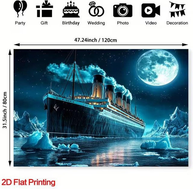 Nautischer Titanic Wandteppich mit Mondschein und Eisbergen in Blau, B/H: 230 x 180 cm - Bild 1