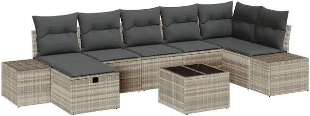 vidaXL Garten-Sofa-Set aus Polyrattan in Hellgrau, 8-teiliges Lounge-Set mit Kissen für Terrasse und Garten - Bild 1