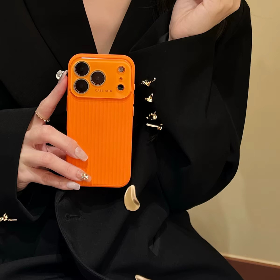 Luxuriöse iPhone Handyhülle mit Streifen-Wellpappe-Design und großem Fenster in Orange, stoßfeste Abdeckung mit Kameraschutz für iPhone 17, 16, 15, 14, 13, 12 und Pro Max Modelle - Bild 3