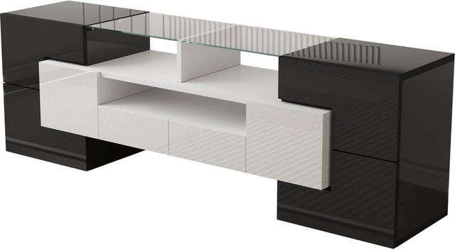 okwish TV Schrank mit LED Beleuchtung und Glas Oberfläche in Schwarz, B/T/H: 145 x 30 x 51 cm - Bild 1