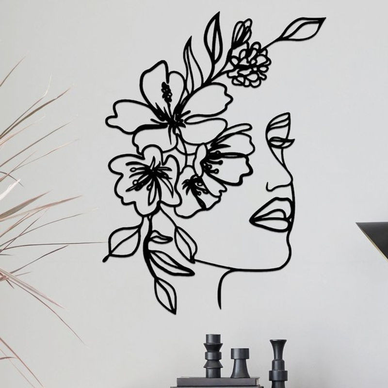 Minimalistische Wanddekoration aus Metall in Schwarz mit Frauengesicht und Blumen als hängende Kunst für Wohnzimmer, Schlafzimmer oder Badezimmer, B/H: 40 x 40 cm - Bild 1