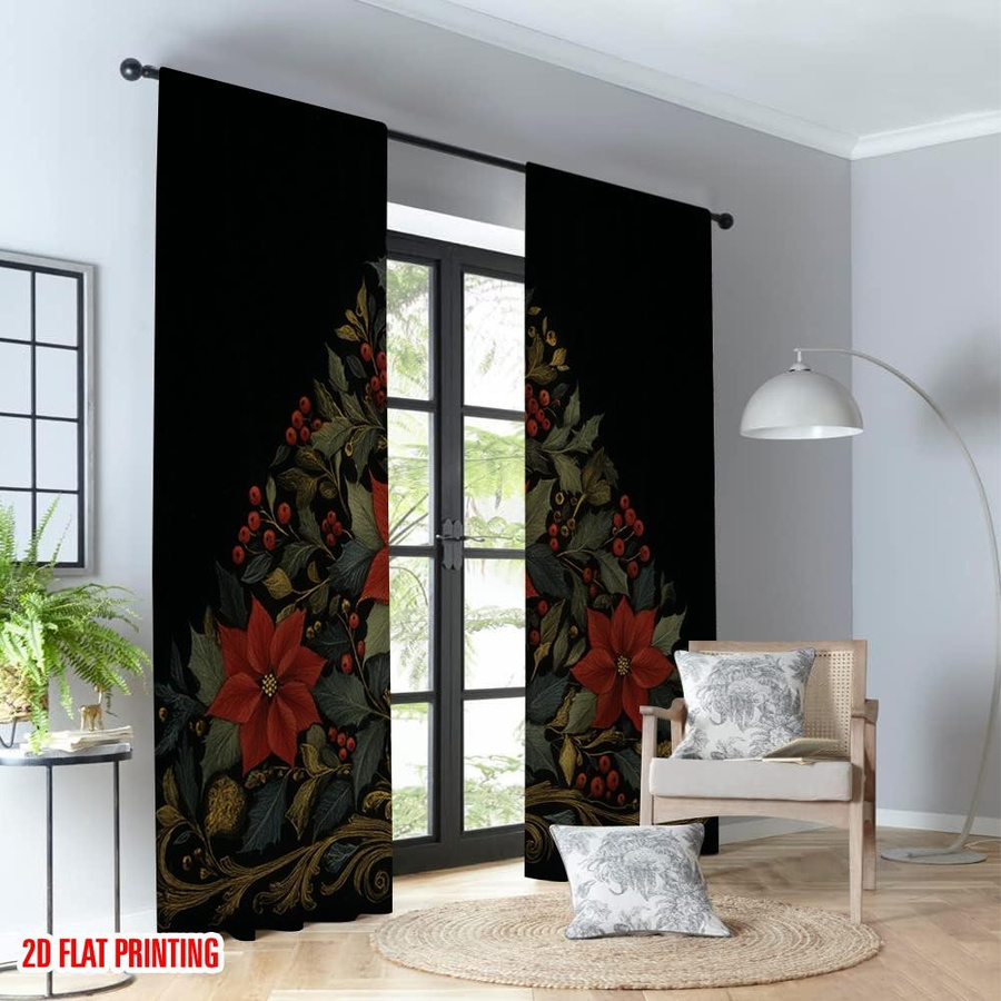 Weihnachtsfeier Vorhang Set mit Weihnachtsstern, Stechpalme und Beeren, digital bedrucktes Polyester, blickdicht, multicolor, B: 100 cm, H: 70 cm - Bild 2