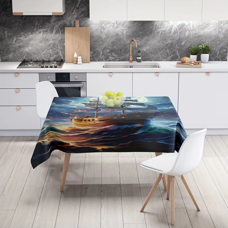 VIKAMA Moonlight Sailing Wasserdichte Tischdecke mit Fantasy Segelboot Nacht Kreuzfahrt Muster im Nordic Stil - Bild 2