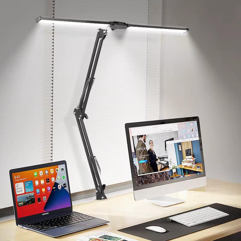 CANMEIJIA Doppelkopf-LED-Schreibtischlampe in Schwarz, stufenlos dimmbar per Touch, USB-Tischlampe für Büro und Studium - Bild 2