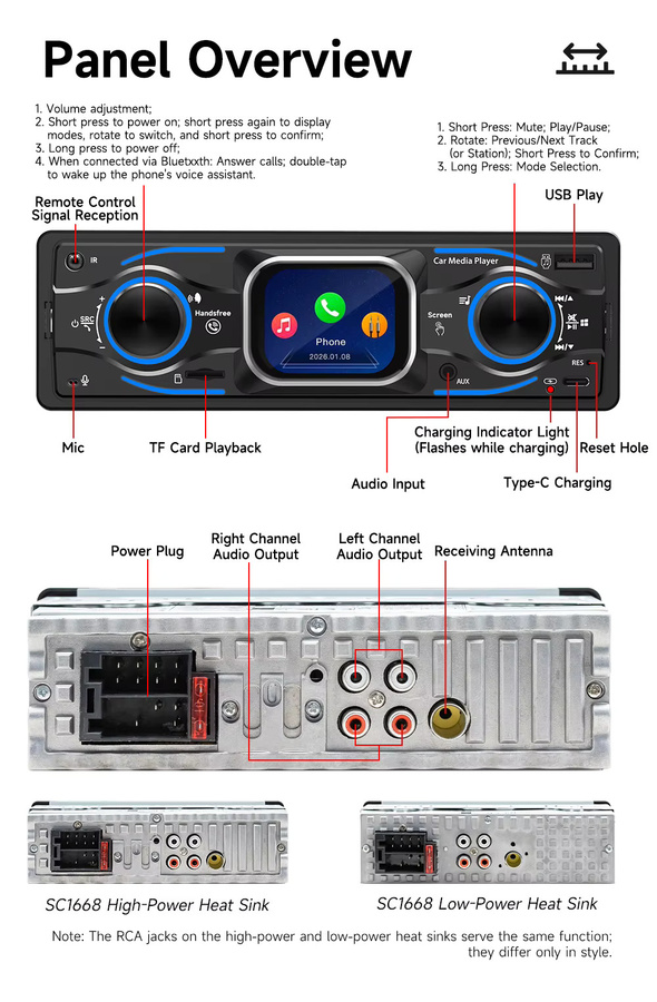 BQCC Auto MP3-Player mit 2,2 Zoll HD Touchscreen, Bluetooth 6.0, AUX, USB und Typ-C, Schwarz mit 7 Farben Lichteffekten - Bild 3