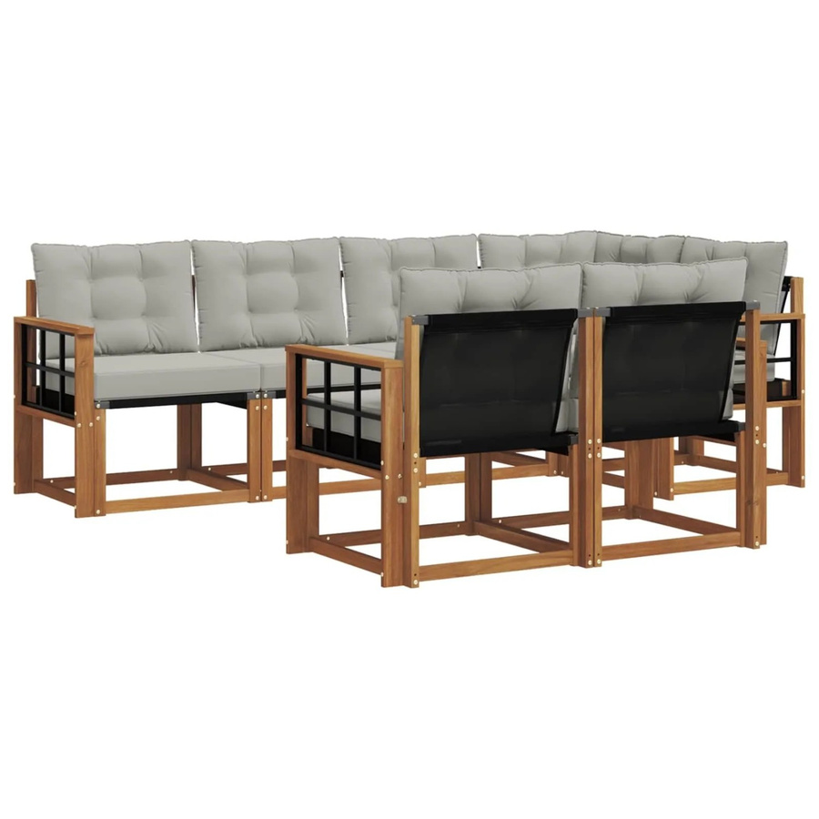 vidaXL Outdoor-Sofagarnitur 7-teilig aus Akazienholz und Textilene in Natur und Hellgrau mit L-Form und Kissen - Bild 2