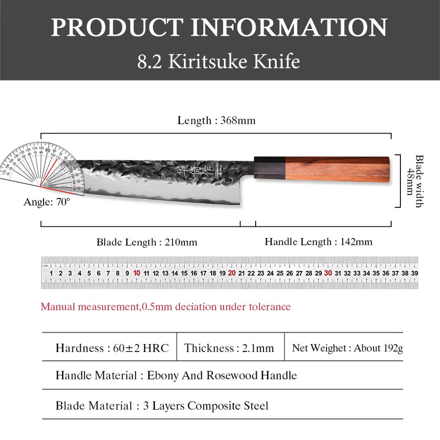 HUAYIGRAND Kiritsuke-Messer aus Verbundstahl, 8,2 Zoll handgeschmiedetes japanisches Bunka-Kochmesser mit Holzgriff in Silber - Bild 6