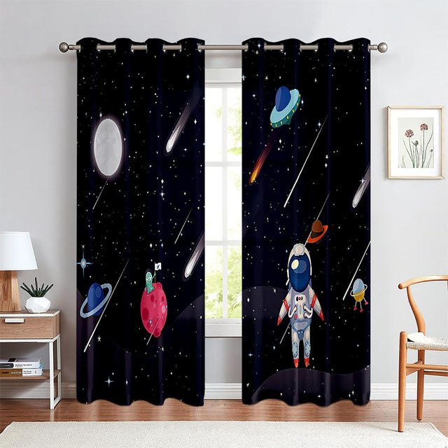 Yiran Furniture Astronaut Sternenhimmel und Raketen Vorhänge für Kinder, 2er Set, Mehrfarbig, B: 50 cm, H: 130 cm - Bild 1