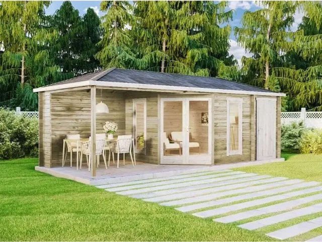 Alpholz 5-Eck Gartenhaus Liwa mit Anbau aus imprägnierter Pinie, Wandstärke 28 mm, B/T: 714 x 302 cm - Bild 1