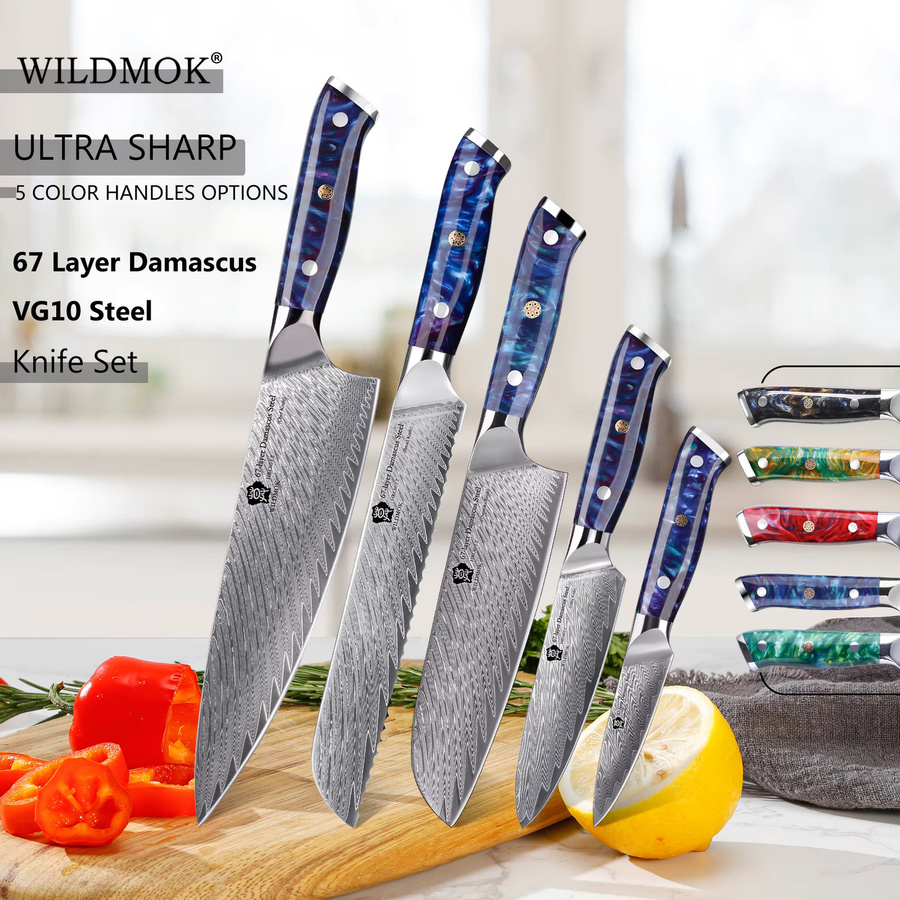 WILDMOK Professionelles 5-teiliges Küchenmesserset aus Damaststahl mit Harzgriff in Schwarz inklusive Geschenkbox - Bild 6
