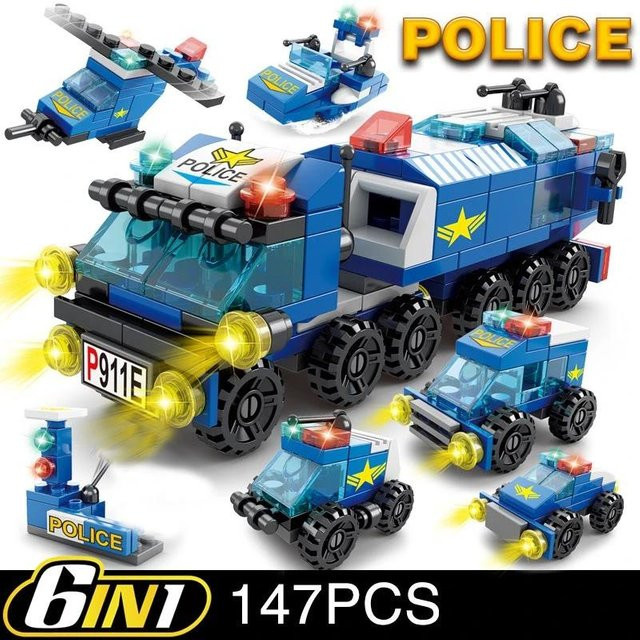Linyi toy car 6-in-1 Polizei Sportwagen Feuerwehr-Motormaschine Mini-LKW Flugzeug Stadtmodell Bausteine Sets, ab 6 Jahren - Bild 1