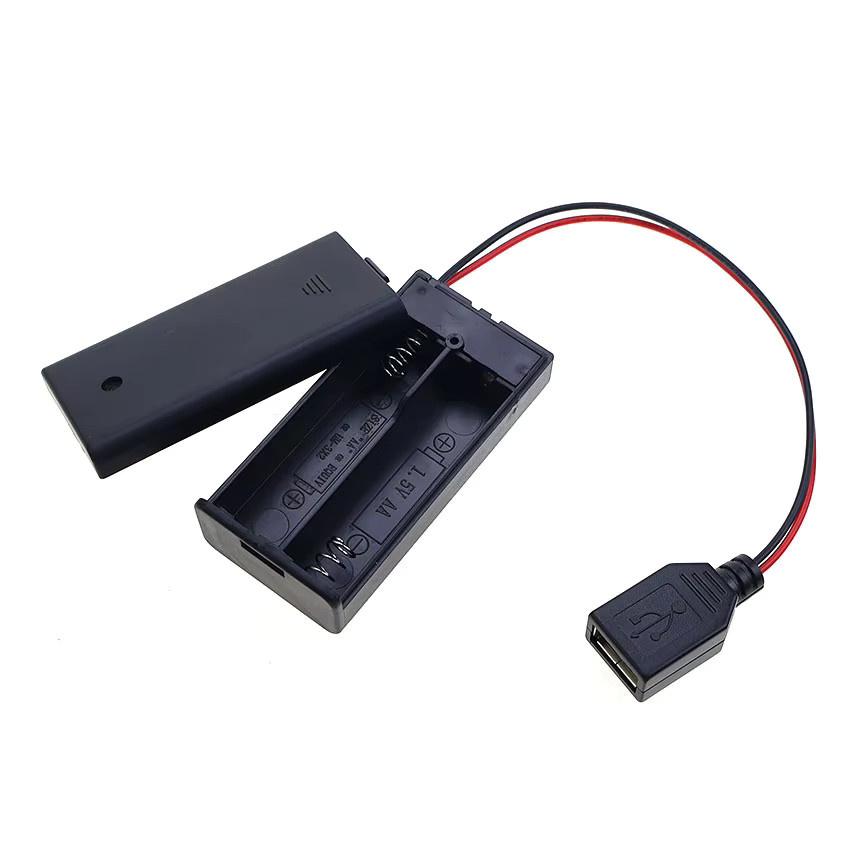 JCD AA-Batteriekasten mit 2 Batteriefächern und Schalter, Schwarz, mit USB-C, PH2.0, XH2.54 Dupont und SM Anschluss sowie DC 5,5 x 2,1 mm Stecker - Bild 2