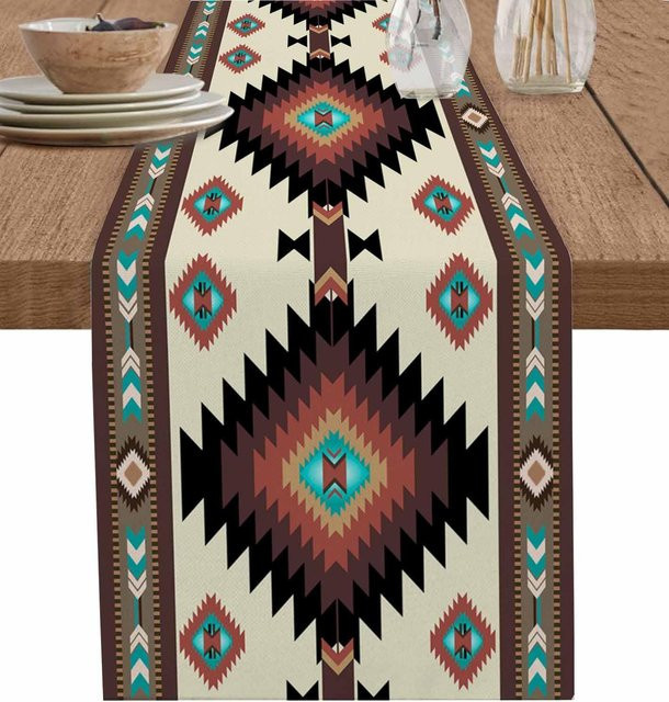 JINGYUE Pet Tischläufer aus Leinen im Boho Indianerstil, Mehrfarbig, B: 150 cm, T: 33 cm - Bild 1