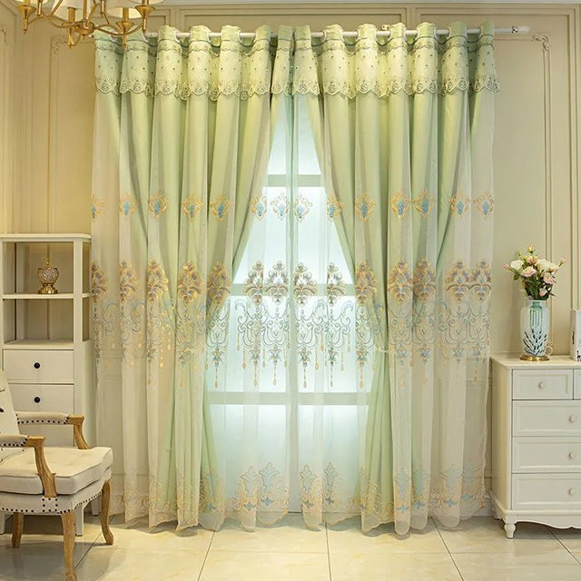 CENTURyMiG Verdunkelungsvorhang mit Lotus-Stickerei in Grün, zweilagiger Stoff mit floralem Design für Schlafzimmer und Wohnzimmer - Bild 1