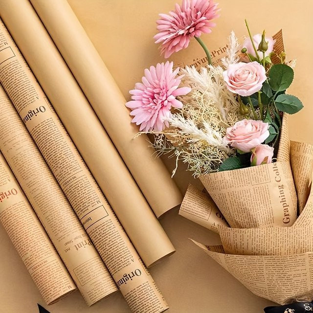 5 Blatt Vintage Kraftpapier mit Blumenmuster in Beige und Lila für Bastelarbeiten und Geschenke - Bild 1