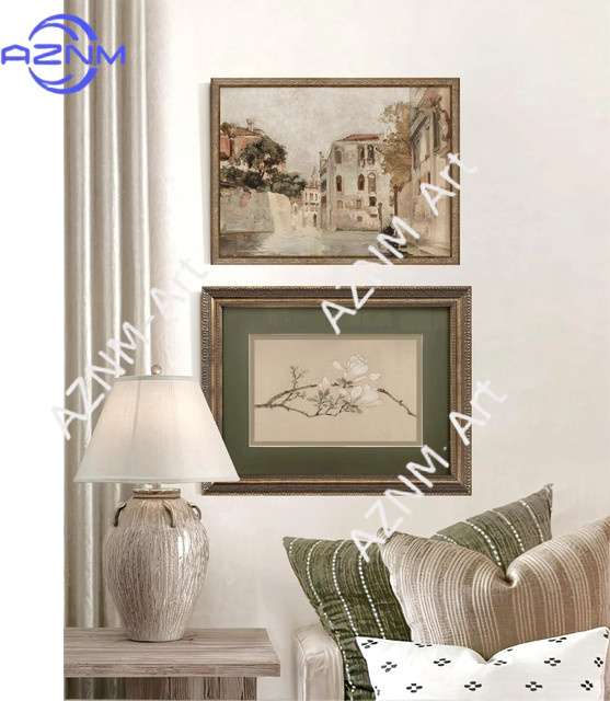 2-teiliges Set Wanddekoration von AZNM mit Blumen- und Landschaftskunstdrucken in Grün und Beige - Bild 1