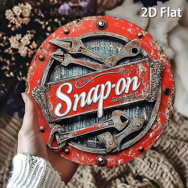 Retro-Metall-Logo-Clip aus Holz im Industriestil, kreisförmiges Etikett in Rot und Multicolour - Bild 1