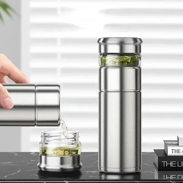 FANJANE Thermosflasche aus 316 Edelstahl mit Tee-Wasser-Trennung, isolierter Becher in Schwarz und Silber, 400 ml - Bild 1
