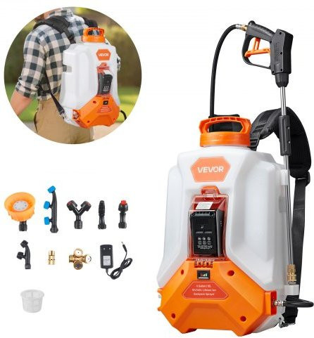 VEVOR Akku-Rückenspritze 16 l in Weiß-Orange mit 2 Sprühstäben und 8 Düsen, verstellbarer Druck 0-90 PSI für Garten und Rasen - Bild 1