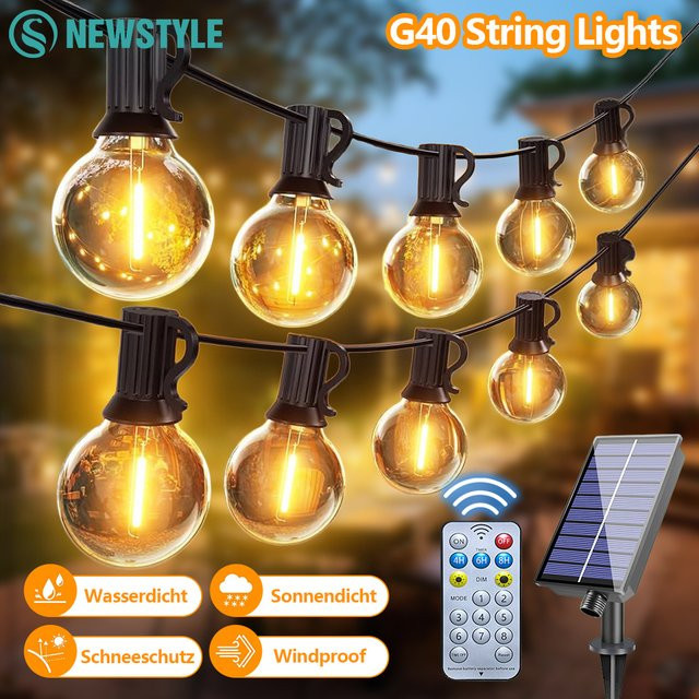 Dimmbare Solar-Lichterkette für den Außenbereich mit G40 LED-Glaskugeln in Warmweiß, ferngesteuert und bruchsicher, ideal für Garten und Party-Dekoration in Schwarz - Bild 1