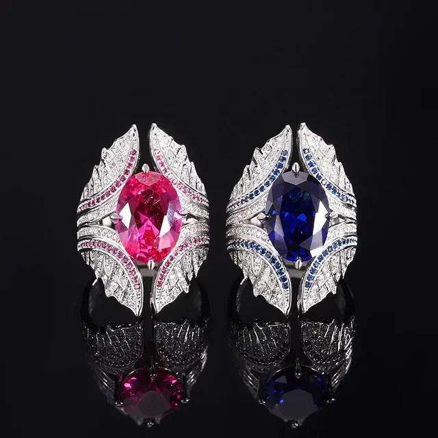 LJDZSW Ring, Blatt-Design, rosa blaue Edelsteine, Silber, Damen - Bild 1