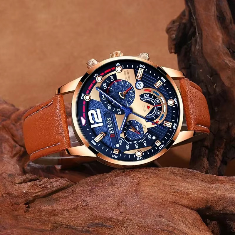 DEYROS Armbanduhr, Quarz, Leder, Blau, Gold, Herren - Bild 5