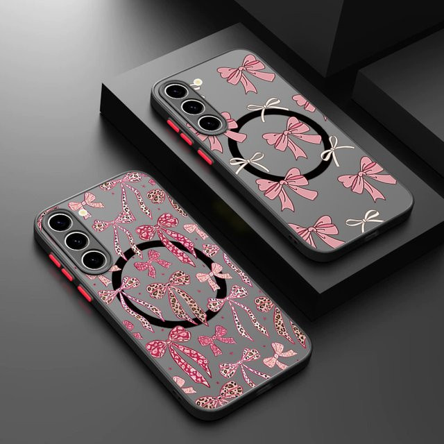 Magnetische Handyhülle mit rosa Schleifenmuster für Samsung Galaxy S26, S25 Ultra, S24, S23 FE und S22 Ultra Plus mit MagSafe Kompatibilität und matter Oberfläche - Bild 1