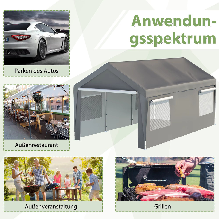 THANADDO Schwerlast-Carport mit Giebeldach in Grau, wasserdichte Outdoor-Autoüberdachung aus verzinktem Stahl mit Netzfenstern, B/T/H: 609,6 x 592,84 x 276,75 cm - Bild 3