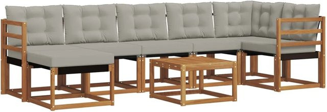 vidaXL Outdoor-Sofagarnitur 8-teilig aus Akazienholz in Natur mit hellgrauen Textilene-Kissen und Armlehnen - Bild 1